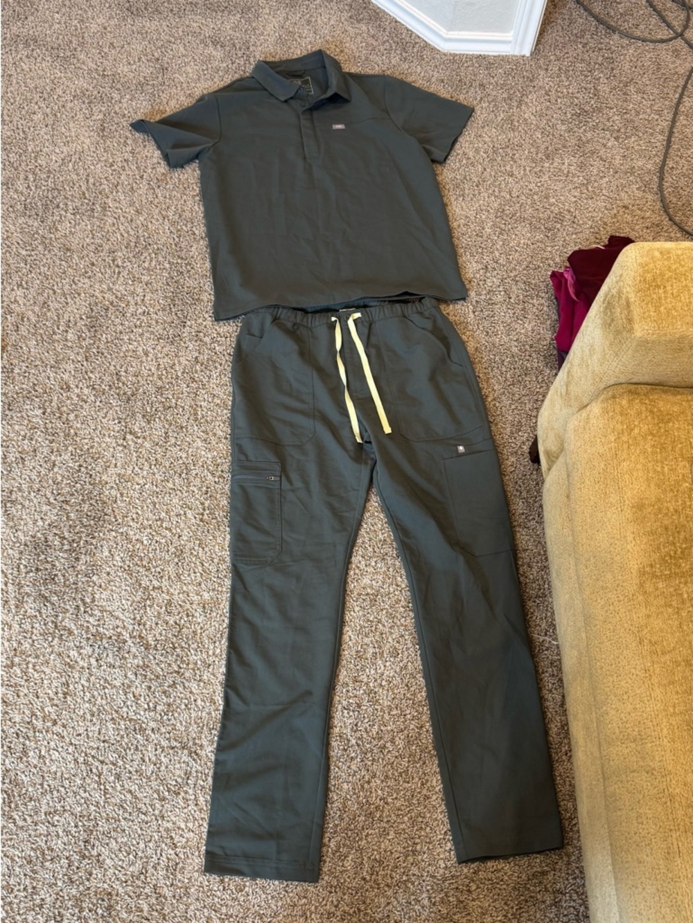 Figs Men’s Scrub Shirt and Pants Set in Olive Green with Yellow Drawstring